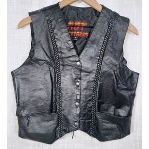Hot Leathers Vest Medium M Black Leather Biker Braided Snap Laced Motorcycle